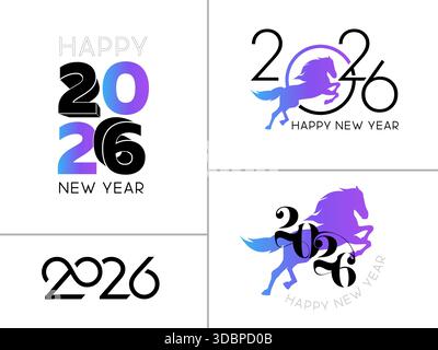 Vier unterschiedliche Designs, eine Pferdesilhouette mit der Nummer 2026 und der Phrase Happy New Year, um das neue Jahr zu feiern Stock Vektor