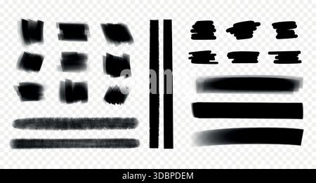 Schwarze Markierungen und Pinsellinien. Satz von Strichen, Farbflecken und Unterstrichen isoliert auf transparentem Hintergrund. Stock Vektor