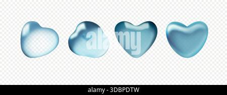 3D transparente Wassertropfen. Set aus herzförmigem Tau, isoliert auf transparentem Hintergrund Stock Vektor
