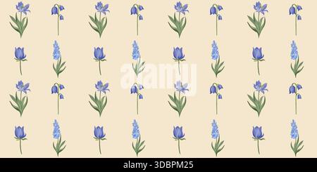 Nahtloses rechteckiges Muster des Vektors mit hellen violetten Frühlingsblumen auf einem beigefarbenen Hintergrund. Ideal für Stoffe, Tapeten, Verpackungen, Schreibwaren, Verpackungen, Verpackungen, und elegantes Oberflächendesign. Stock Vektor