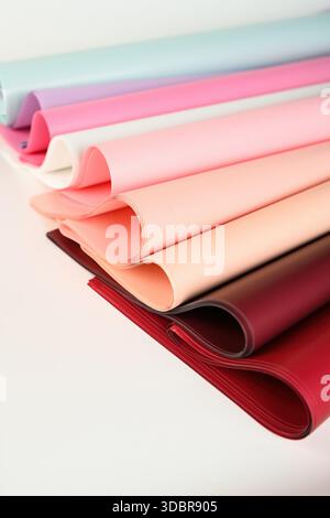 Stapel von opaken Blumenverpackungspapierblättern in pastellfarbenen und roten Farben isoliert auf weißem Hintergrund für Blumenverpackungen und Geschenkverpackungen Stockfoto