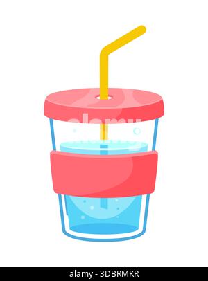 Cartoon Frischwassergetränk in Glasbecher oder Becher mit Trinkstroh, Vektor-Symbol. Kaltes Wasser mit einem Glas Limonade oder Mineralwasser mit Sprudelwasser zur Erfrischung im Sommer Stock Vektor