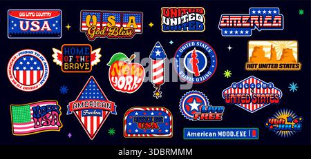 Retro Y2K USA amerikanische Aufkleber und Vintage Vereinigte Staaten Patch Etiketten Vektor Set. US-Aufkleber oder Amerika-Pinnabzeichen mit US-Flagge und US-Bundesstaat New York City mit patriotischen Zitaten und Slogans Stock Vektor