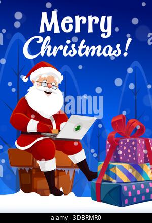 Weihnachtsgrußkarte oder -Poster, Weihnachtsmann auf dem Dach mit Laptop und Weihnachtsgeschenken. Frohe Weihnachtsgrüße mit Weihnachtsmann, der auf dem Kamin sitzt und Geschenke auf Notizbuch für Weihnachtsfeiertage liest Stock Vektor