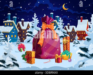 Weihnachtsgeschenke auf Schnee mit großem roten Geschenksack. Die Vektor-Karte zeigt Zuckerrohr, Baumschmuck, festliche Stadt und Mond am Nachthimmel. Frohe Wintergrüße und saisonale Feierlichkeiten Stock Vektor