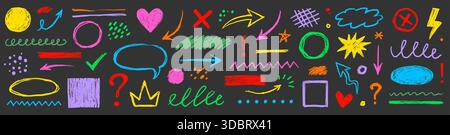 Handgezeichnete Kreidepfeile, Kreidekreise, Punktfarbsatz. Strukturierte Kreidestriche mit kindlichen Kritzeleien, Punkten, Kritzeleien, Bleistiftunterstrichen in Pastellfarben, Stern- und Pfeilelementen. Vektorabbildung Stock Vektor