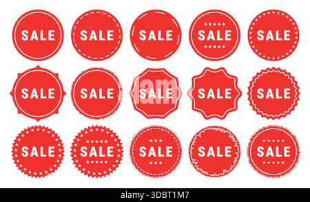Große Sammlung roter runder Verkaufsaufkleber Abzeichen Etiketten mit dekorativem Rand für die Rabattkampagne für neue Angebote Stock Vektor