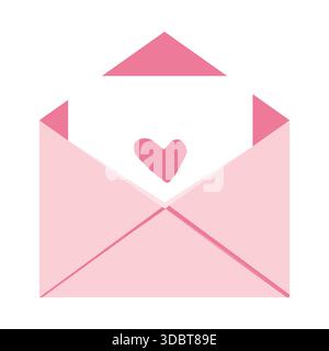 Briefumschlag offen Liebesbrief mit Herz, süße rosafarbene romantische Postkarte. Dekorationselemente für Hochzeit und Valentinstag. Vektorabbildung Stock Vektor