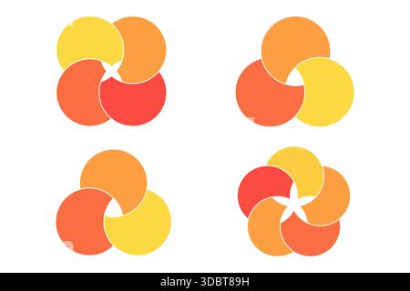 Infografik-Abschnitte des grafischen Venn-Diagramms. Überlappende Kreisformen Kreise Diagrammlinien Set. Venn-Diagramme mit überlappenden Kreisen, die einen gemeinsamen Bereich zeigen, zur Infografik. Vektorabbildung Stock Vektor