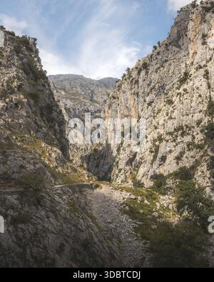 Blick auf einen zerklüfteten Bergpfad schlängelt sich durch eine tiefe Schlucht, die von Zeit und Natur gemeißelt wurde, unter einem riesigen Himmel, der ein Gefühl von Ehrfurcht und Einsamkeit schafft, Cabrales Stockfoto