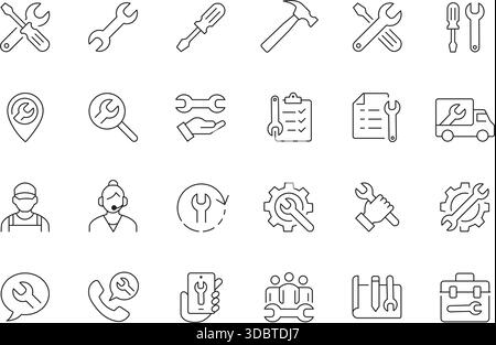 Set mit Symbolen für Reparatur- und Wartungslinien – Werkzeuge, Service, Support, Techniker, editierbarer Konturvektor Stock Vektor
