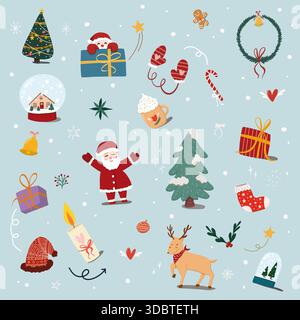 Winter Weihnachten Muster Hintergrund, mit niedlichem Zeichentrick des Weihnachtsmanns, Ornament, Weihnachtsbaum, Geschenkbox, Süßigkeiten Stöcke, Rentier, Schneekugel, Socke Stockfoto