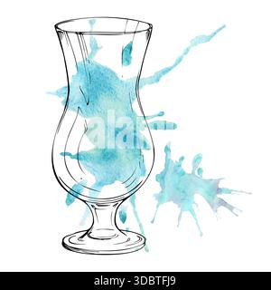 Elektrische Limonade oder Blaue Lagune, Hawaii tropische Cocktail Illustration in Hurrikanglas, türkisfarbene Aquarellspritzer mit dynamischem Fluss und Tinte Stockfoto