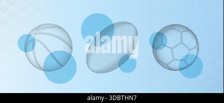 Drei Sportbälle mit abstrakten blauen Blasen. Minimalistische Grafik mit den Umrissen eines Basketballs, Rugby-Balls und Fußballballs, die in einem so schwebend sind Stock Vektor