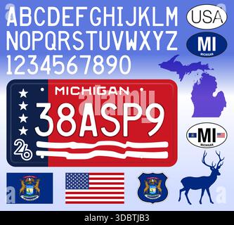 Michigan neues Autokennzeichen im Retro-Muster, rot-blau Stil 2026, USA, Buchstaben, Zahlen und Symbole Vektorillustration Stock Vektor