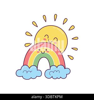 Niedliche Sonne mit Regenbogen und Wolken Illustration in handgezeichnetem Kawaii Stil Stock Vektor
