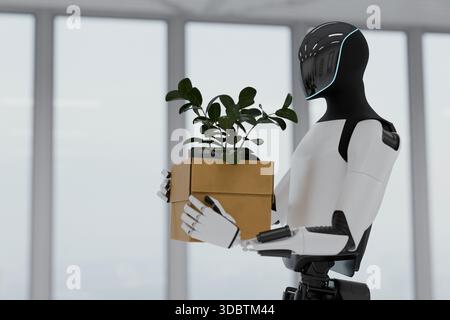 Futuristischer humanoider Roboter, der Eine Box mit Einer Pflanze in einem Büro hält. Konzept der KI als Ersatz für Menschen, Arbeitsplatzverluste, Workforce Automation und die Zukunft von W Stockfoto