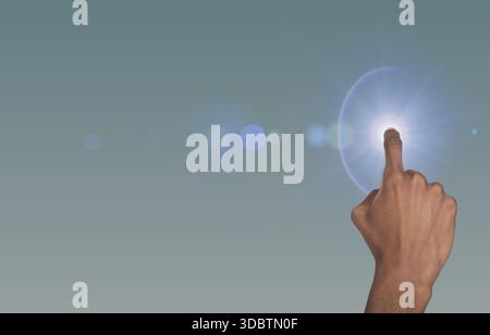 Virtuelle Taste mit dem Finger drücken. Hand of man im futuristischen digitalen Raum mit blauem Glanz, Sicherheitsschnittstelle, Verbindung und künstlicher Intelligenz Stockfoto