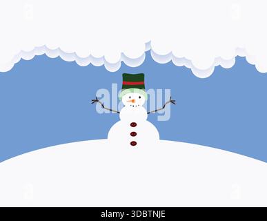 Winterkarte mit Schneemann, Wolken und Schneehügeln Stock Vektor