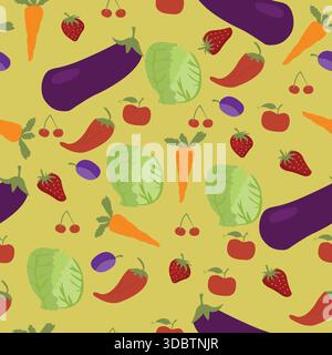 Nahtloses Muster mit farbenfrohem Hintergrund für Gemüse und Früchte; kann auf Küchenutensilien gedruckt werden Stock Vektor