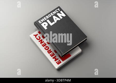 Notfallplanung mit detaillierten Leitfäden in zwei kontrastierenden Notizbüchern Stockfoto