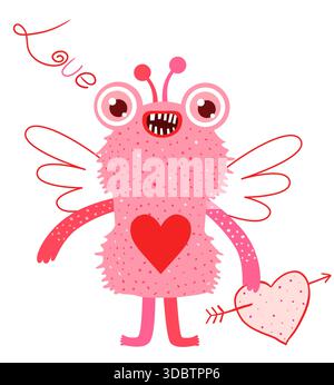 Lustiges blödes rosa Vektor Valentinstag Monster mit Flügeln, Mund, Zähnen für süße Kinder Designs Stock Vektor