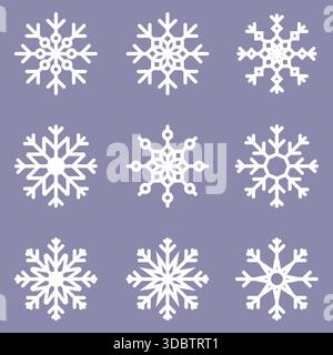 Weiße Schneeflocken-Vektorsymbole gesetzt. Schneeflocken Weihnachtsdesign isoliert auf Lila Stock Vektor