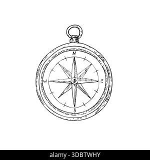 Vektornavigation Marinekompass. Handgemalte lineare nautische Windrose Illustration. Grafische Schwarzweißskizze isoliert auf Hintergrund. Für Konstrukteure Stock Vektor