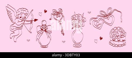 Handgezeichnete Coquette-Hochzeitsillustrationen. Niedliche Vintage-Motive mit Bändern und Schleifen in einem schlichten Zeichenstift. Trendige Kunst zum Valentinstag A Stock Vektor