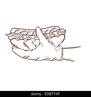 Eine Hand mit Handschuhen, die einen Hotdog serviert. Vektorabbildung im Konturstil. Dieses Bild bezieht sich auf Fast Food und Streetfood. Geeignet für die Verwendung in Menüs Stock Vektor