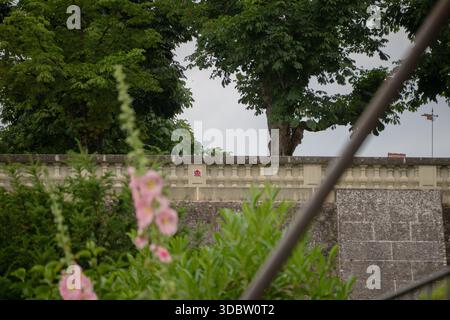 Invader-Mosaik auf Steingeländer mit verschwommenen rosa Gartenblumen in Bern, Schweiz Stockfoto
