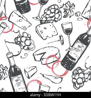 Nahtloses Muster mit Wein und Snack. Weinglas, Käse, Trauben, Flasche, Glas und Weinflecken im linearen Skizzierstil. Hintergrund für Verpackung, Tapete oder Verpackung. Stock Vektor
