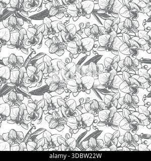 Vektortinte Zeichnung eines Orchideenzweiges und Blätter. Nahtloses Muster mit dieser tropischen Sommerblume für Hochzeitseinladungen. Exotische phalaenopsis, botanische Liniendarstellung. Gravur-Effekt. Stock Vektor
