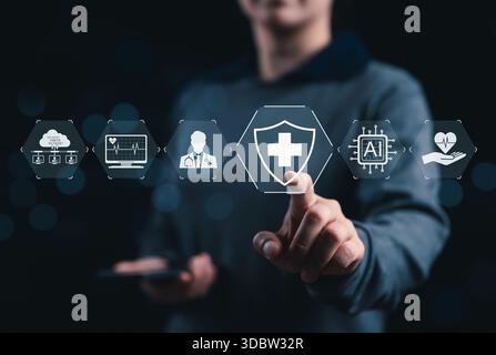 KI-gesteuertes Gesundheits- und Medizintechnikkonzept. Virtuelle Schnittstelle KI-gestützte Gesundheitssymbole, die künstliche Intelligenz in der Medizin symbolisieren Stockfoto