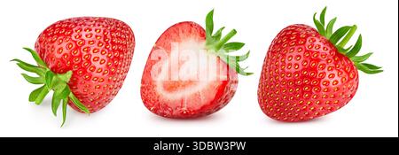Erdbeere isoliert. Erdbeeren mit Blattisolat. Ganze Erdbeere und die Hälfte auf weiß. Erdbeersammlung. Stockfoto