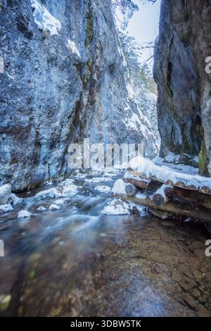 Blick auf einen Fluss, der durch eine enge, schneebedeckte Schlucht fließt, flankiert von hohen Felswänden in einer kalten, natürlichen Schönheit, Prosiek, Zilinský kraj, Stockfoto