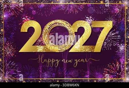 „Happy New Year 2027“-Grußkarte mit festlichem Hintergrund und glänzenden goldenen Elementen. Postkarten- oder Wunschkarten-Konzept Stock Vektor