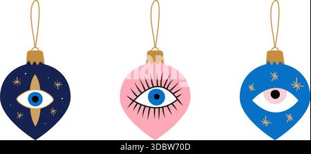Mystische Weihnachtsschmuck mit bösen Augen, Mond und Sterne Vektor-Illustration Set Stock Vektor