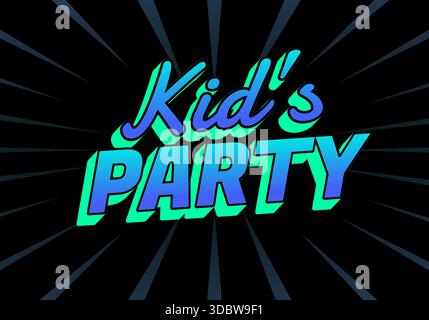 Ein lebendiges Grafikdesign mit dem Text Kids Party in verspielter Schrift vor schwarzem Hintergrund mit strahlenden Linien. Stock Vektor
