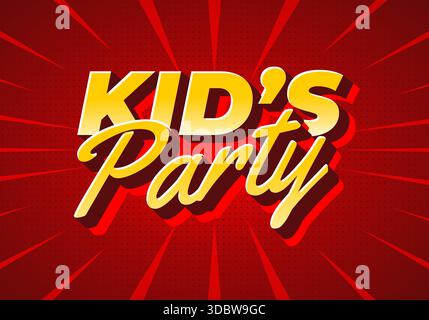 Ein lebendiges Grafikdesign mit dem Text Kids Party in auffälliger, verspielter Typografie. Der Hintergrund ist ein helles Rot mit strahlenden Linien, wodurch ein e entsteht Stock Vektor