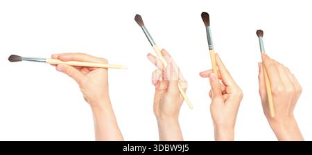 Satz menschlicher Hände, die den Pinsel isoliert auf transparentem Hintergrund halten. Kreative Kunstkonzepte png Collage für Design-, Malerei- und Bastelprojekte Stockfoto
