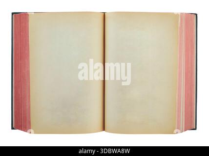 Offenes antikes Buch, das leere Seiten im Alter zeigt, isoliert auf transparentem Hintergrund. Ideal für historische, Bildungs- oder Designprojekte Stockfoto