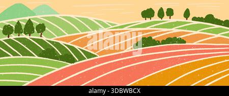 Abstrakte Weinbergslandschaft. Farbenfrohe gestreifte Felder, grüne Hügel und Bäume mit rustikaler Kornstruktur Stock Vektor
