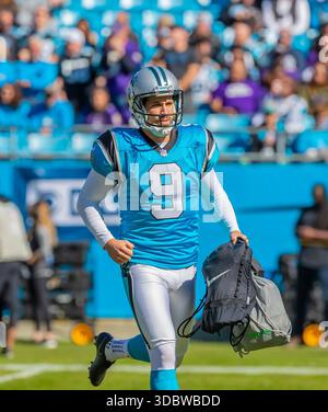 Am 28. Oktober 2018 spielt Graham Gano (9) im Bank of America Stadium in Charlotte, North Carolina, gegen die Baltimore Ravens. Die Panthers hielten die Besuchenden Ravens 36-21. Stockfoto