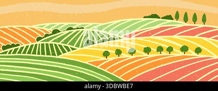Abstraktes Muster der Weinberge. Farbenfrohe gestreifte Felder mit Bäumen und Büschen. Abstrakte Illustration mit Vintage-Textur. Stock Vektor