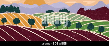 Abstraktes Weinbergmuster. Gestreifte Felder, grüne Hügel und Berge mit rustikaler Kornstruktur. Umweltfreundliche Landschaft Stock Vektor
