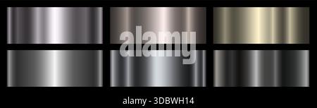 Ein Satz glänzender silberner und schwarzer Verläufe auf schwarzem Hintergrund. Metallische Verlaufseffekte für Text- und Infografik-Design. Stock Vektor