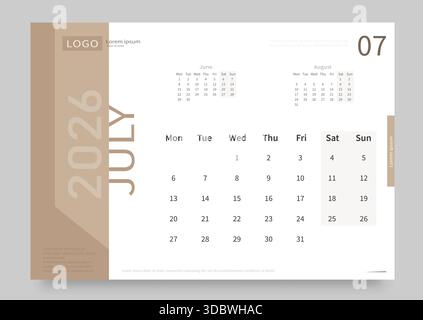 Der Kalender für Juli 2026 ist weiß und beige. Das Layout des Kalenders für Juli 2026 mit dem Datum des Wochenbeginns am Montag. Stock Vektor