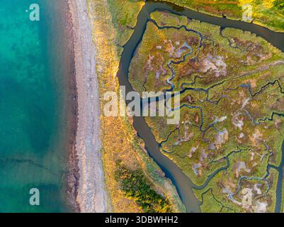 Blick von oben auf die Küste von Paimpol mit blauem Meer, Sandstrand und grünen Gezeitensümpfen mit aderartigen Bächen, die sich durch die A schlängeln Stockfoto
