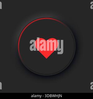 Ein runder schwarzer Knopf mit einem roten Herzsymbol. Ein herzförmiges Vektorsymbol im modischen neomorphen Stil. Stock Vektor